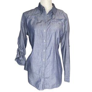 Andrea Jovine Women's Cotton Button Down Chambray Blouse Roll Tab Sleeves M